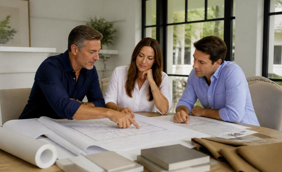 A new home beinFloor plans and drafting tools on a desk during a plan reviewg framed, with roof rafters and ladders on site